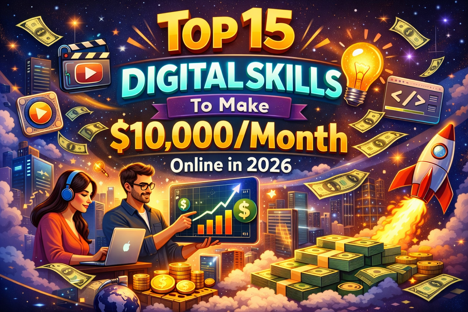 Top 15 digital skills to make $10,000 per month online in 2026 including AI, freelancing, coding, and digital marketing
