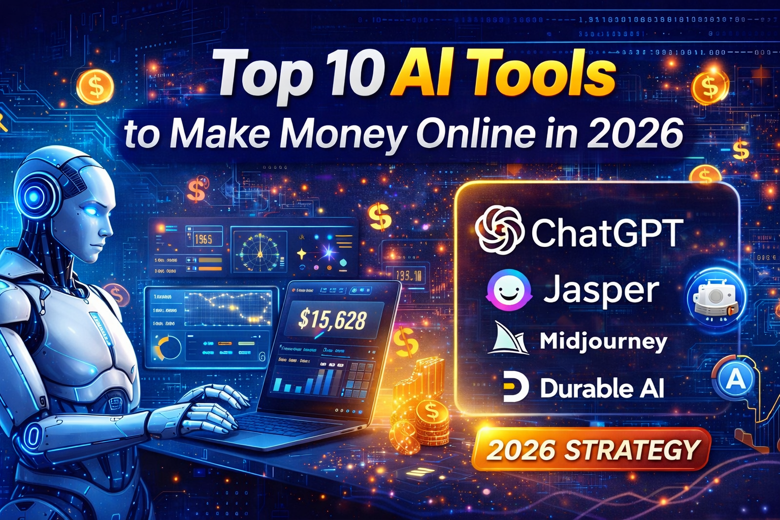 Top 10 AI tools to make money online in 2026 including ChatGPT, Jasper and MidJourney