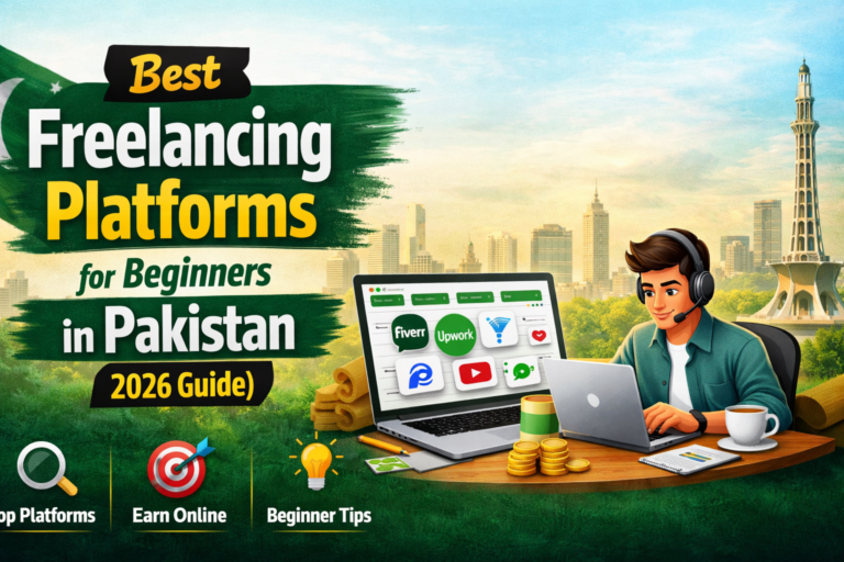 Best freelancing platforms for beginners in Pakistan 2026 guide showing Fiverr, Upwork and online earning concept