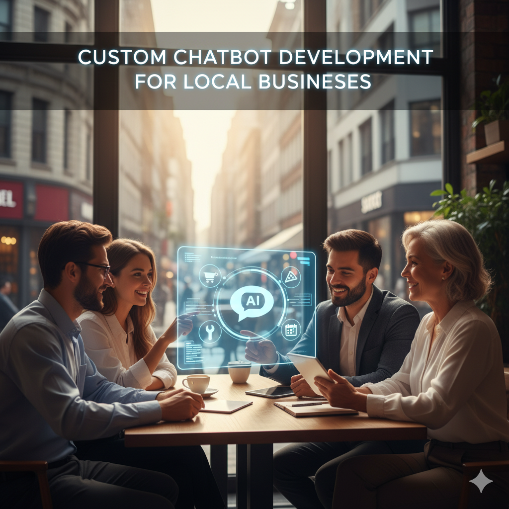 "Business team collaborating on custom AI chatbot development to improve customer service for local businesses."
