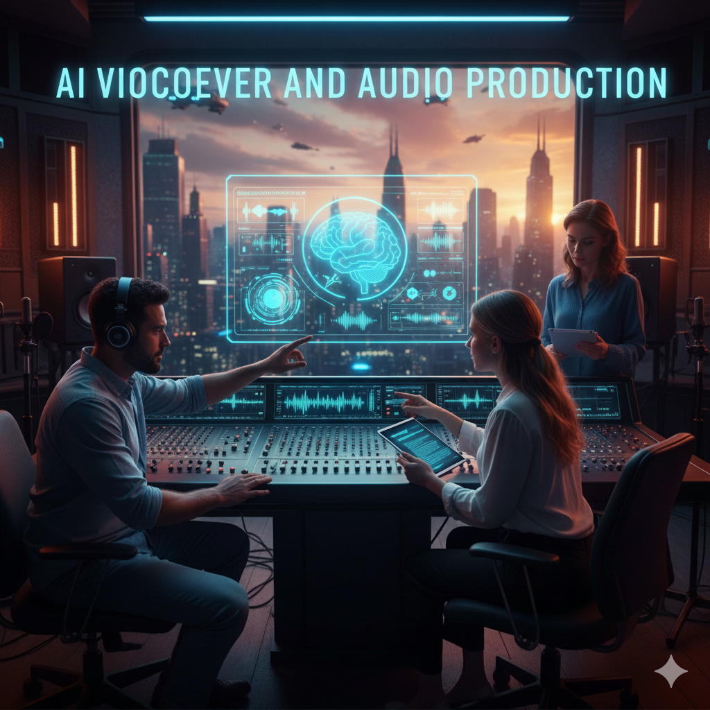 "A professional creative team working in a modern recording studio using AI voiceover and audio production software."