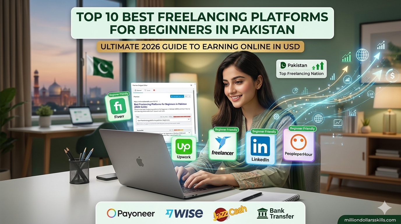 Top 10 freelancing platforms for beginners in Pakistan 2026 guide featuring Fiverr and Upwork logos.