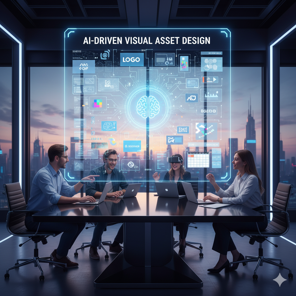 "A creative design team using AI-driven visual asset design tools and holographic interfaces for branding and graphics."