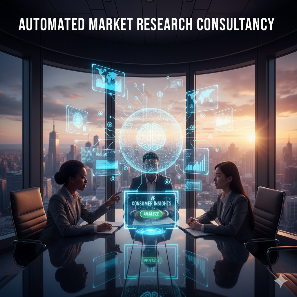"Professionals using an AI-powered automated market research dashboard to analyze live consumer insights in a corporate boardroom."