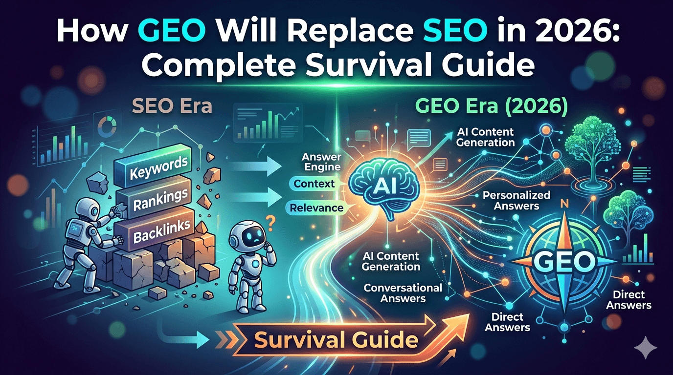 "Infographic illustrating the transition from traditional SEO (Keywords, Rankings, Backlinks) to the 2026 GEO Era focusing on AI Content Generation, Personalized Answers, and Contextual Relevance. A survival guide theme featuring a digital compass and AI brain interface."
