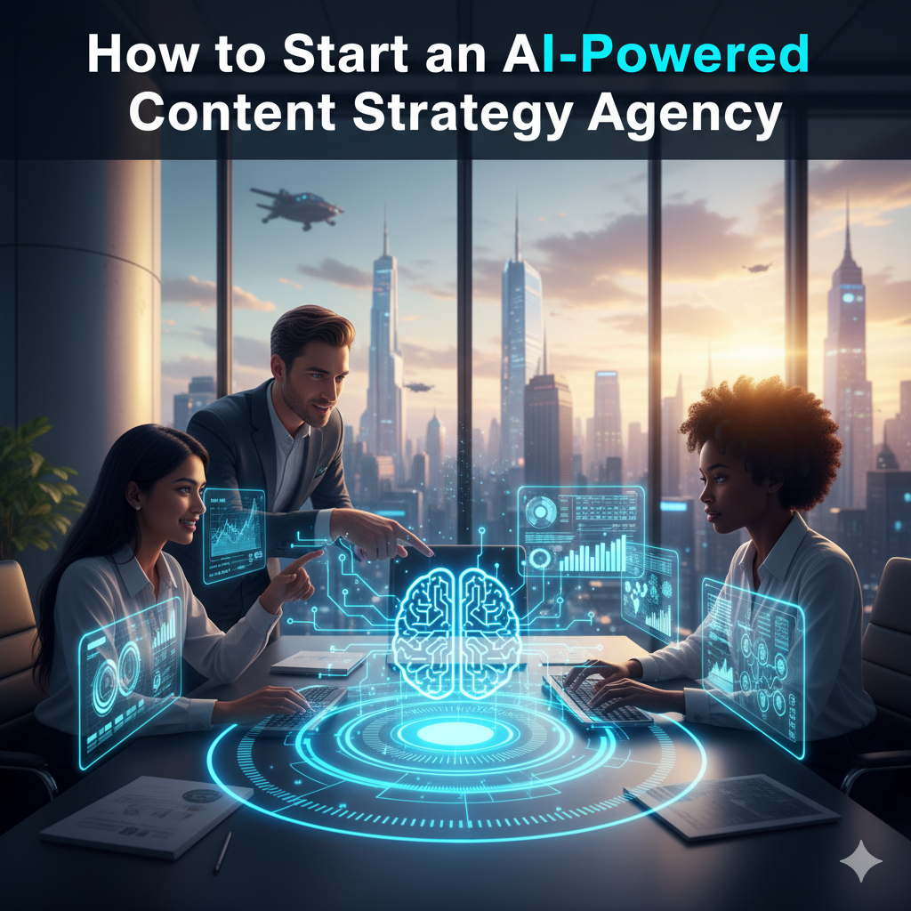 "A team of professionals collaborating in a modern office with AI data visualization and holographic brain icon for content strategy."