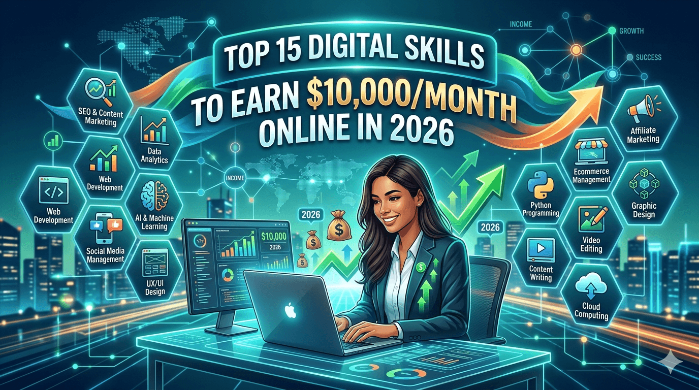 Professional woman using laptop with 3D icons for AI, SEO, and web development to earn 10,000 monthly in 2026.