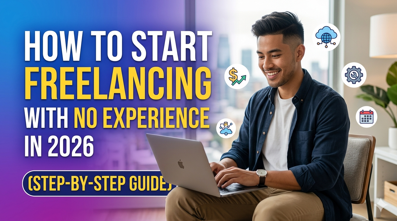 Step-by-step guide on how to start freelancing with no experience in 2026 featuring a young professional working on a laptop.