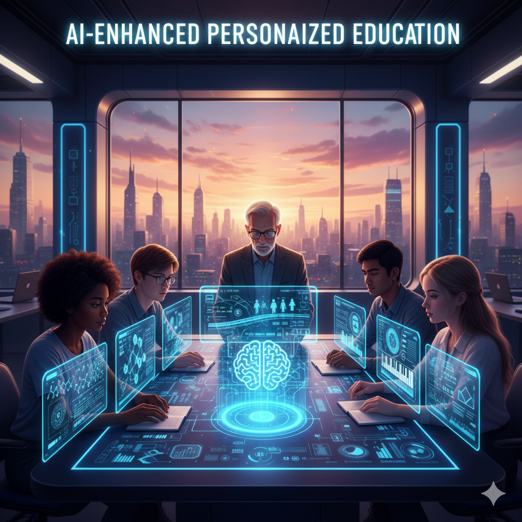 "Students and teacher using AI-enhanced personalized education technology with digital holographic interfaces to customize learning plans."