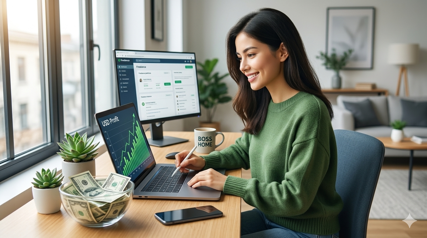A professional freelancer working on a laptop at a home office desk with US dollar bills, representing the step-by-step process of earning in dollars from home.