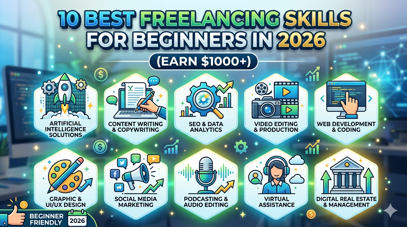 A professional infographic showing 10 best freelancing skills for beginners in 2026 including AI solutions, SEO, and Video Editing to earn over $1000.