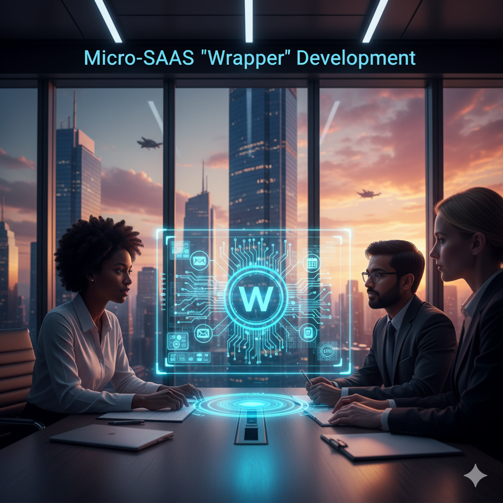 "A team of developers discussing Micro-SaaS wrapper development using AI-integrated digital interfaces in a modern office."