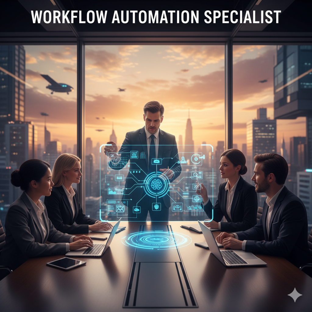 "Workflow automation specialist leading a team meeting and presenting AI-driven process optimization strategies on a holographic display."