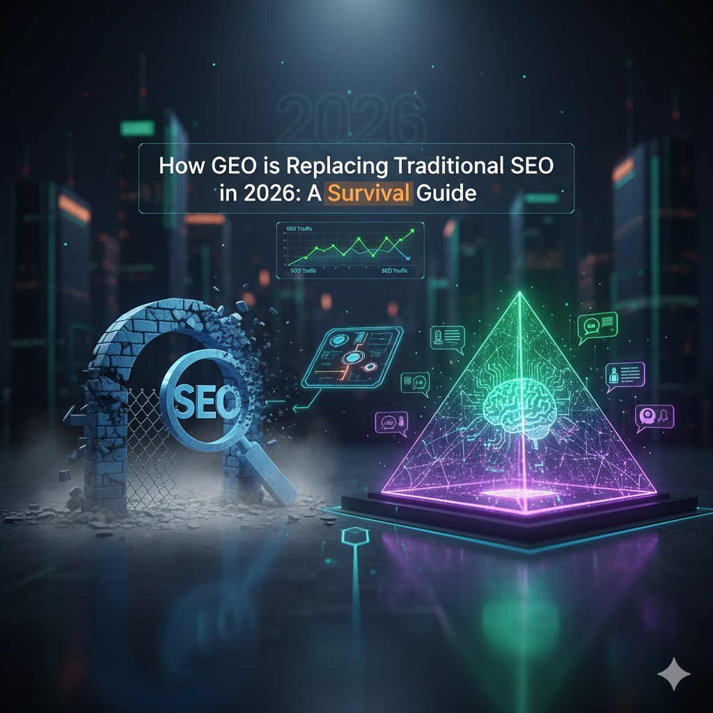 Illustration of SEO transitioning to GEO (Generative Engine Optimization) in 2026, showing the shift from search bars to AI-driven insights.