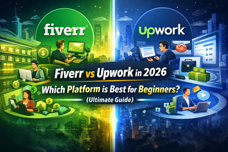 Fiverr vs Upwork 2026 comparison for beginners showing freelance platforms and earning opportunities