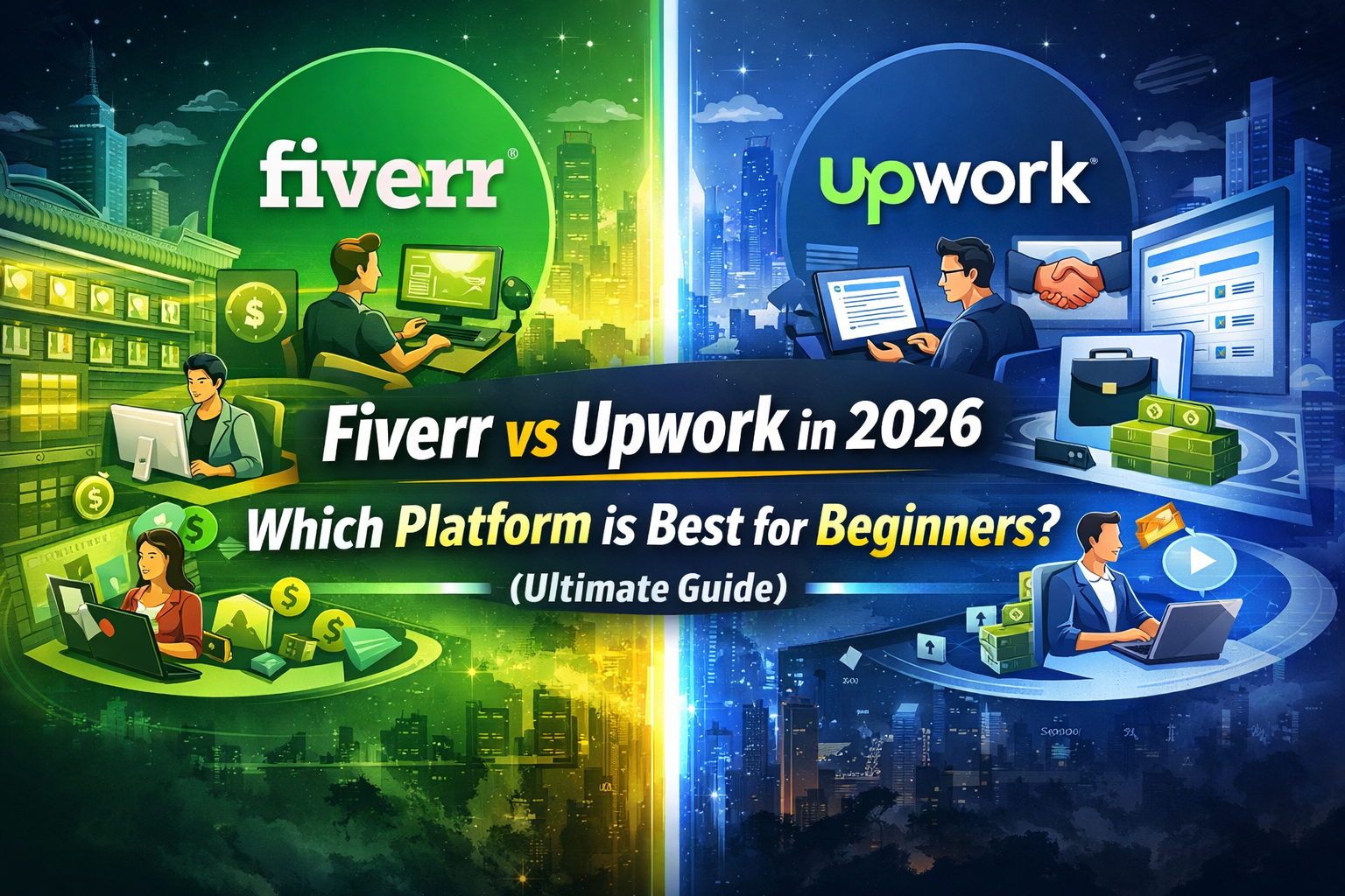 Fiverr vs Upwork 2026 comparison for beginners showing freelance platforms and earning opportunities
