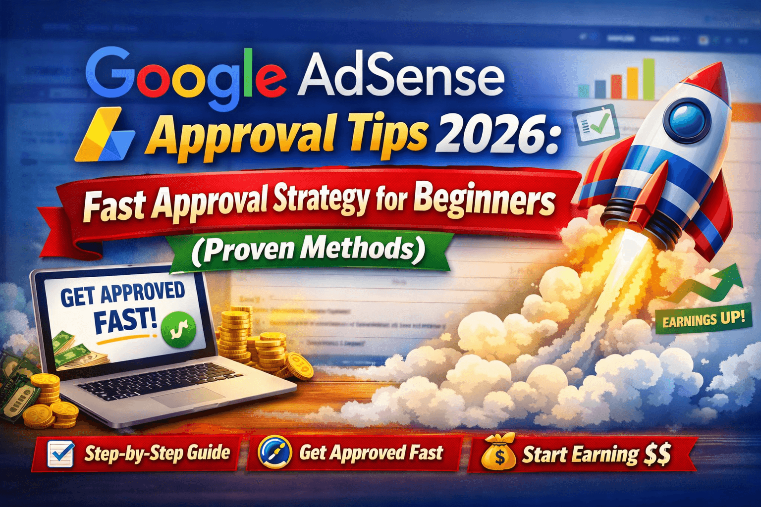 Google AdSense approval tips 2026 showing fast approval strategy for beginners with laptop, earnings growth, and step-by-step guide illustration