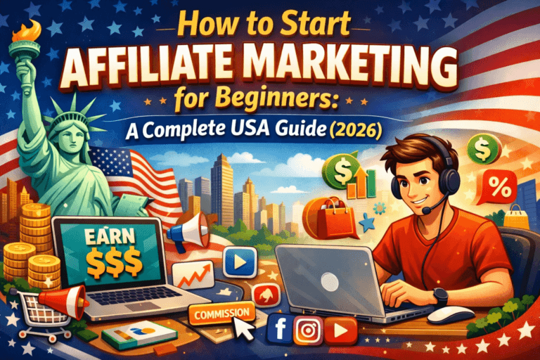 Affiliate marketing beginner guide illustration featuring a laptop, online earning symbols, USA-themed background, and digital business concept for 2026 beginners guide
