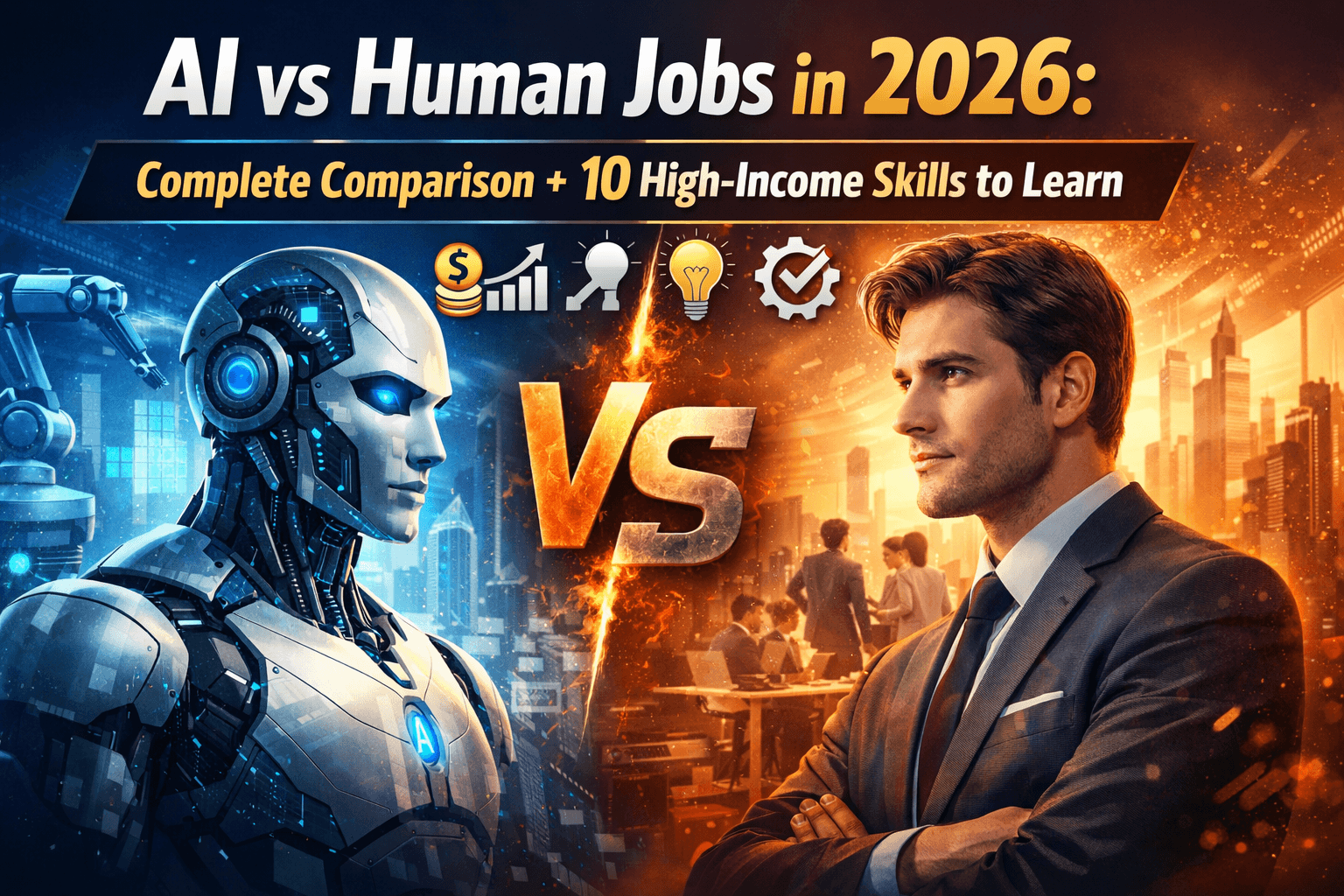 AI vs Human Jobs comparison in 2026 showing robot vs human professional with high-income skills concept