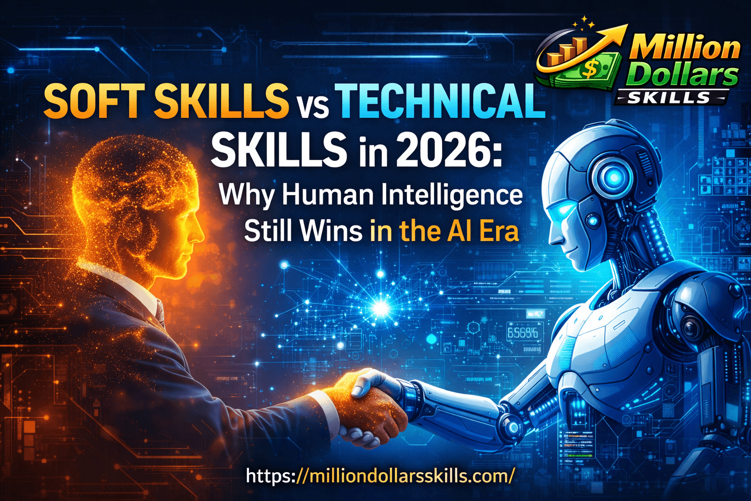 Soft Skills vs Technical Skills in 2026 showing human and AI collaboration, highlighting why human intelligence still matters in the AI era