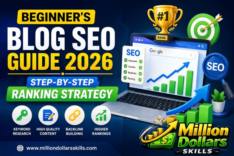 Beginner Blog SEO Guide 2026 Step-by-Step Ranking Strategy with analytics growth chart, SEO optimization tools, and digital marketing success concept for ranking higher on Google