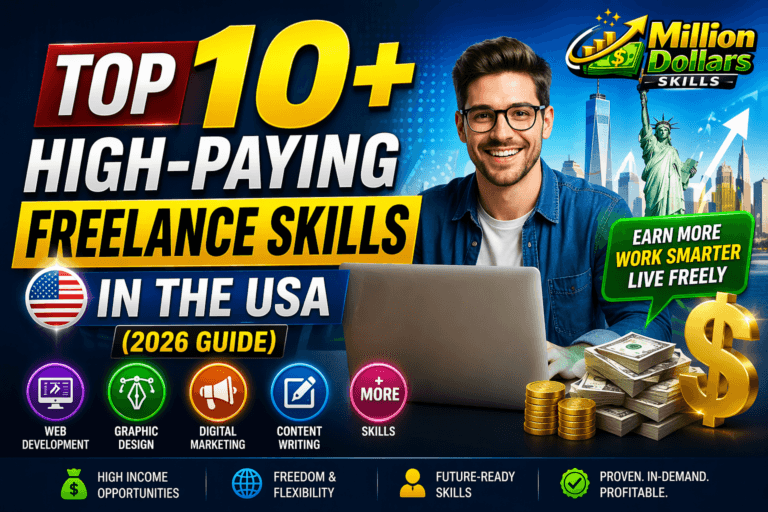Top 10+ high-paying freelance skills in the USA 2026 guide featuring earning opportunities, digital success concepts, and Million Dollars Skills branding.