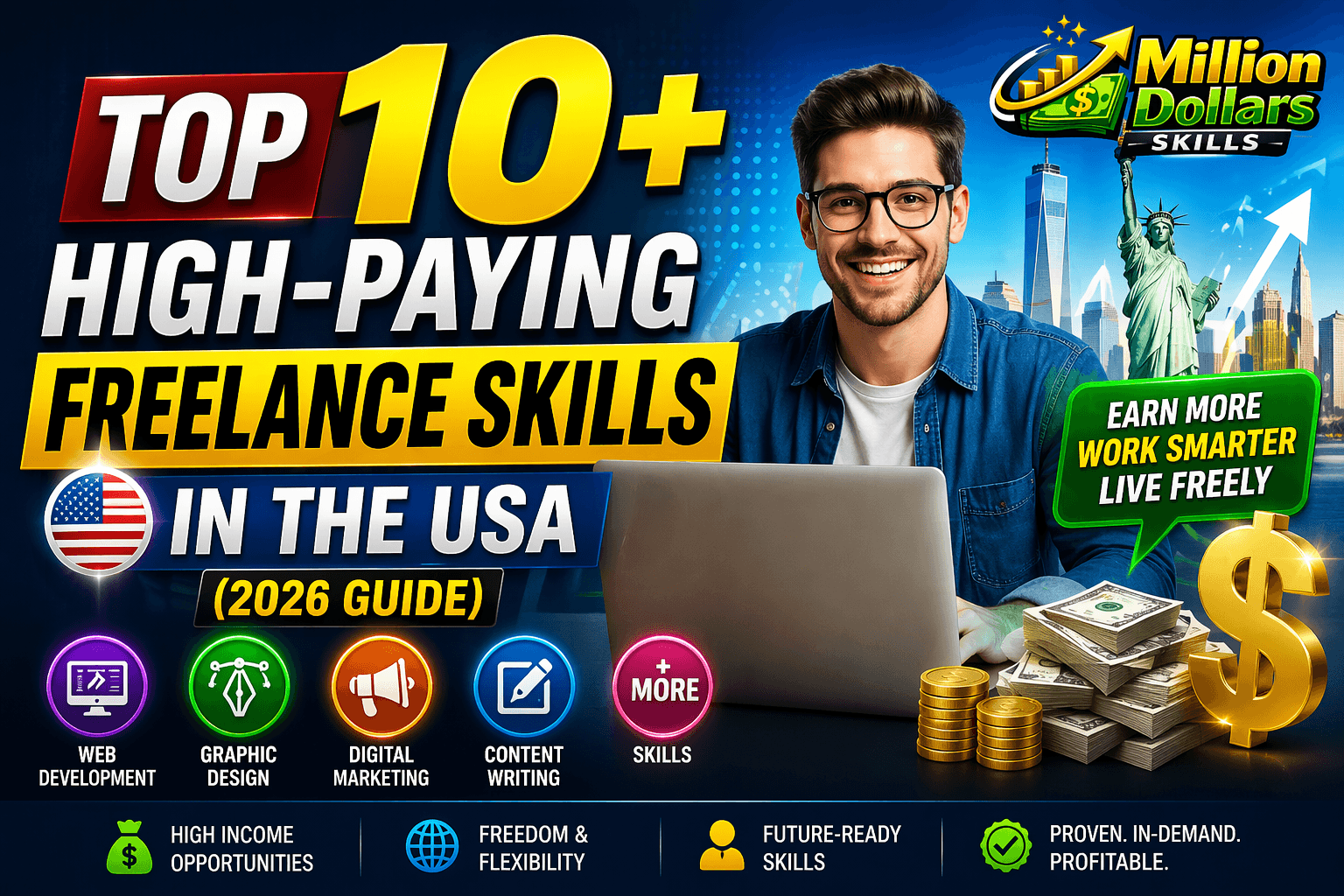 Top 10+ high-paying freelance skills in the USA 2026 guide featuring earning opportunities, digital success concepts, and Million Dollars Skills branding.
