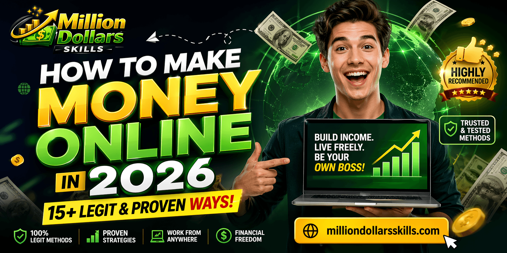 High-quality featured image for “How to Make Money Online in 2026: 15+ Legit and Proven Methods” showing financial growth, online income success, and Million Dollars Skills branding with a modern money-making concept design.