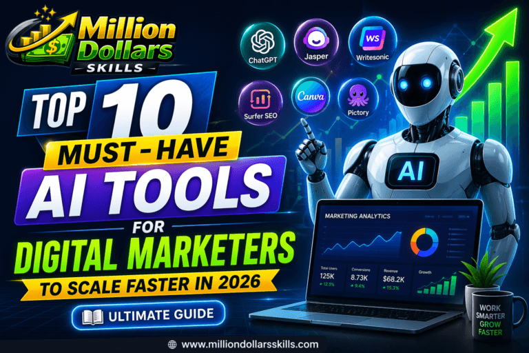 Top 10 AI tools for digital marketers in 2026 including ChatGPT, Jasper, Canva and Surfer SEO to scale marketing growth faster
