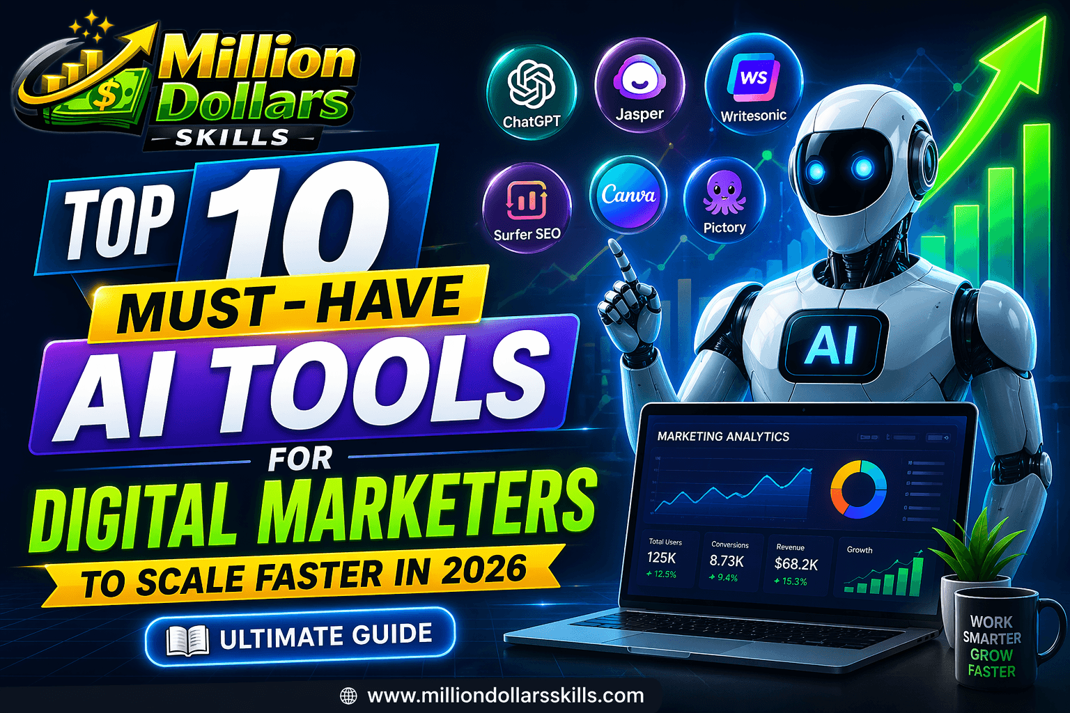 Top 10 AI tools for digital marketers in 2026 including ChatGPT, Jasper, Canva and Surfer SEO to scale marketing growth faster