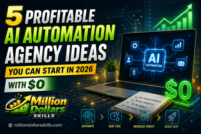 AI automation agency ideas for 2026 showing laptop, growth charts, and $0 startup concept for beginners