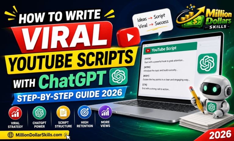 How to write viral YouTube scripts with ChatGPT step-by-step guide 2026 featuring Million Dollars Skills branding