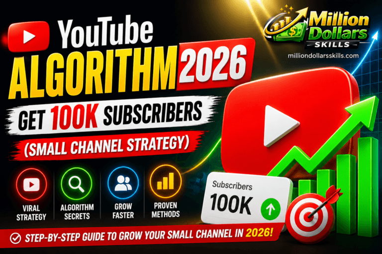 YouTube Algorithm 2026 strategy showing how small channels can get 100K subscribers fast with growth arrows, YouTube icon, and success metrics