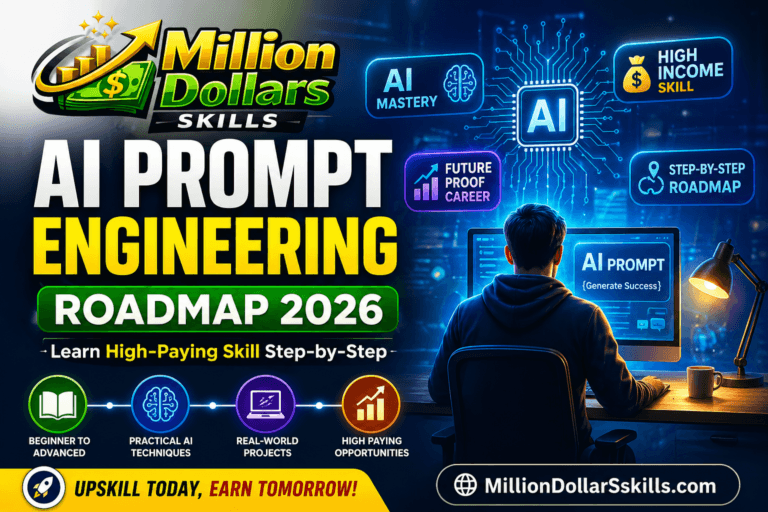 AI Prompt Engineering Roadmap 2026 banner showing step-by-step AI learning path for high-paying skills, futuristic design, and Million Dollar Skills branding