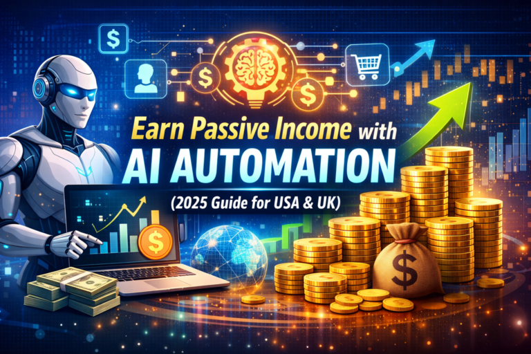 Earn passive income with AI automation in 2026 guide for USA and UK beginners showing AI robot, laptop, and financial growth