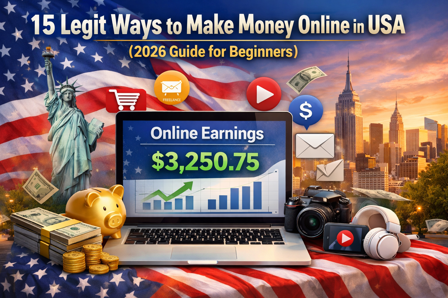 Feature image for the article “15 Legit Ways to Make Money Online in USA (2026 Guide for Beginners)” showing a laptop with online earnings, dollar bills, piggy bank, camera, headphones, and USA landmarks like the Statue of Liberty and Empire State Building