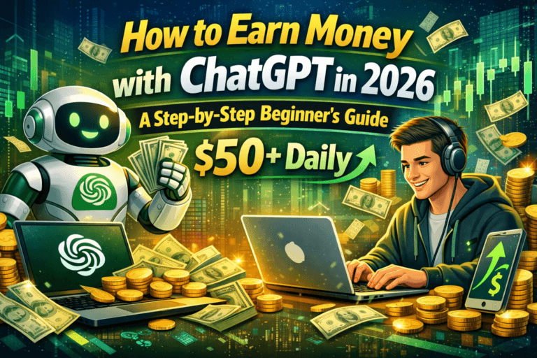 How to earn money with ChatGPT in 2026 step by step beginner guide showing AI, laptop, and online earnings concept