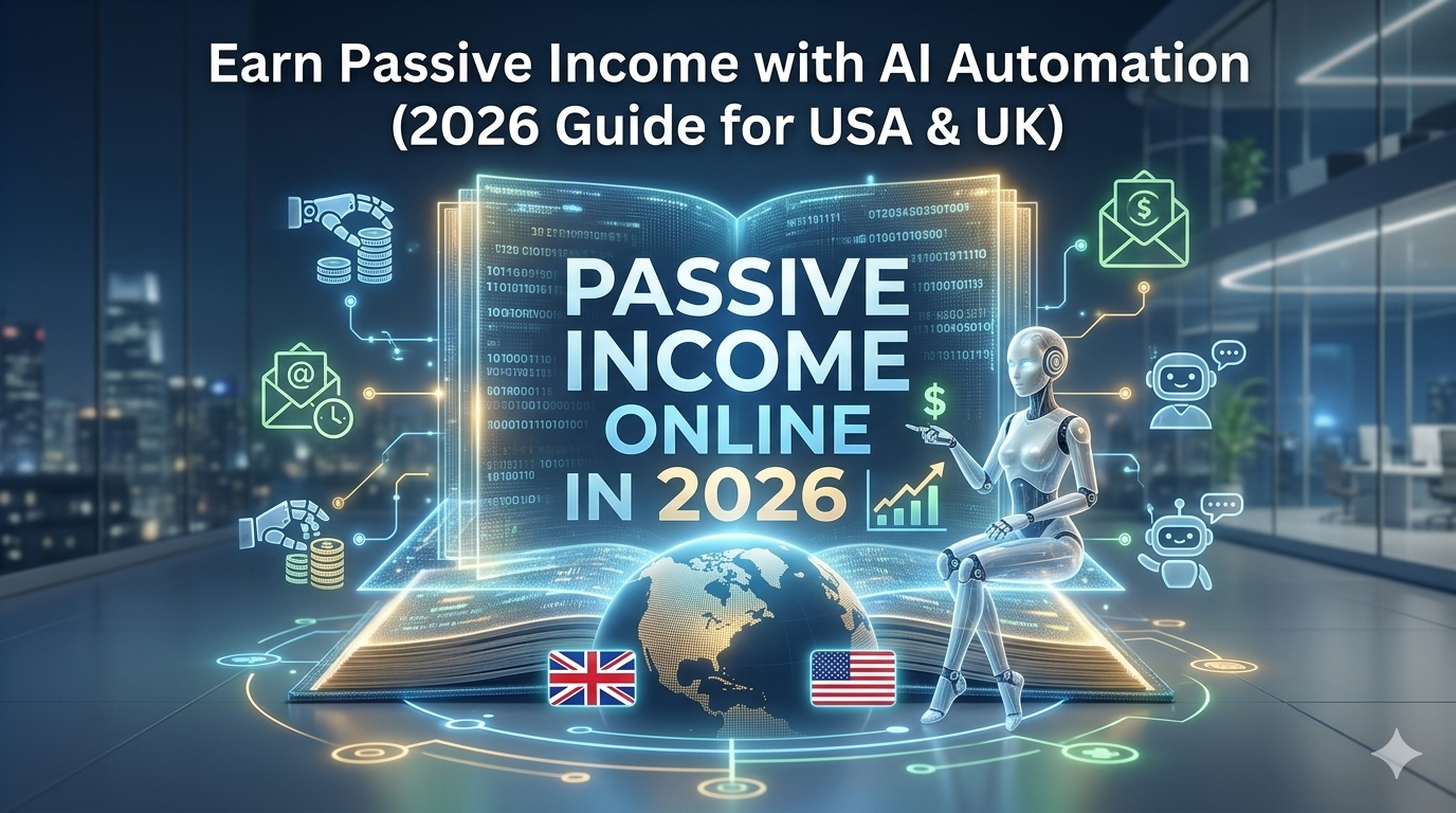 AI assistant character showing passive income automation strategies for USA and UK market in 2026.