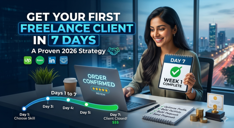 A professional 7-day roadmap infographic showing how to get your first freelance client in 2026, featuring a laptop with an order confirmed notification and freelance platform logos.