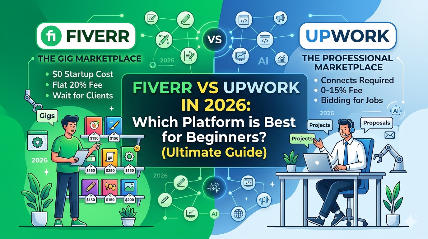 A side-by-side comparison infographic of Fiverr and Upwork in 2026, showing a freelancer managing a Gig storefront vs. a freelancer sending proposals on a laptop with AI-driven workflow icons.