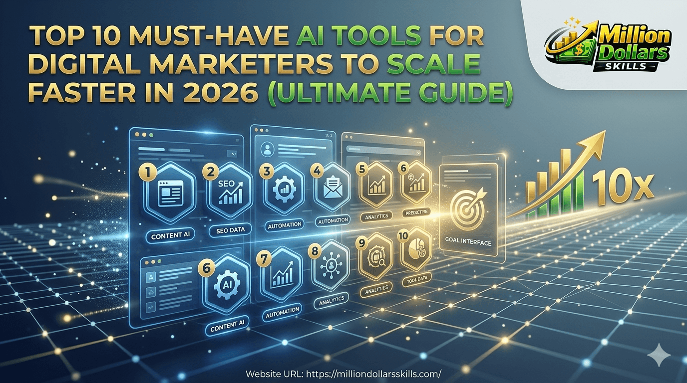 Infographic showing top 10 AI tools for digital marketers to scale agencies 10x faster in 2026 by Million Dollars Skills.