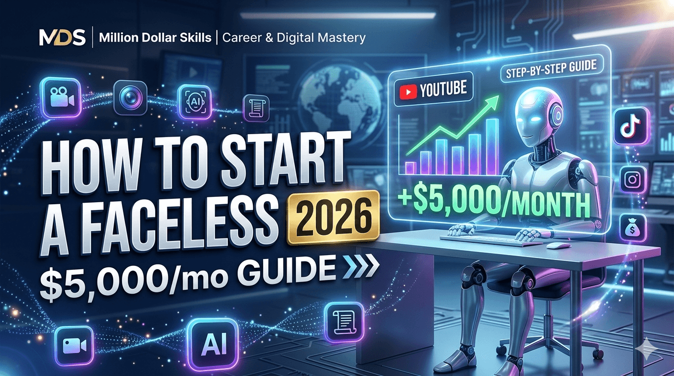 Step-by-step guide on starting a faceless YouTube automation channel in 2026 for $5,000 monthly income, featuring a futuristic AI robot in a high-tech studio.