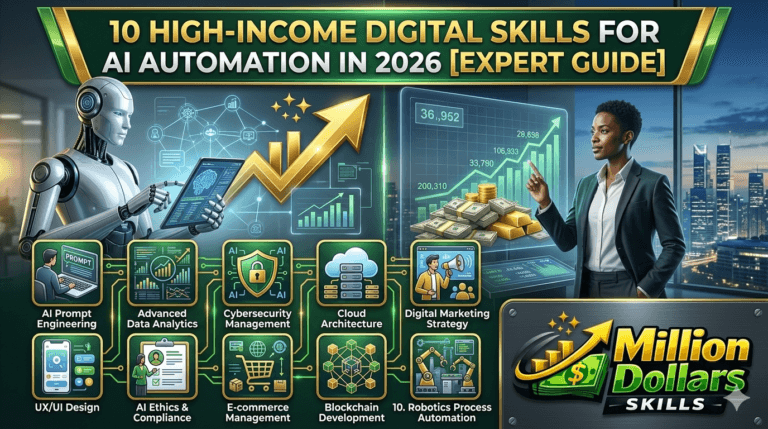 High-income digital skills for AI automation in 2026 showing top career paths like AI engineering, prompt engineering, data science, and automation tools