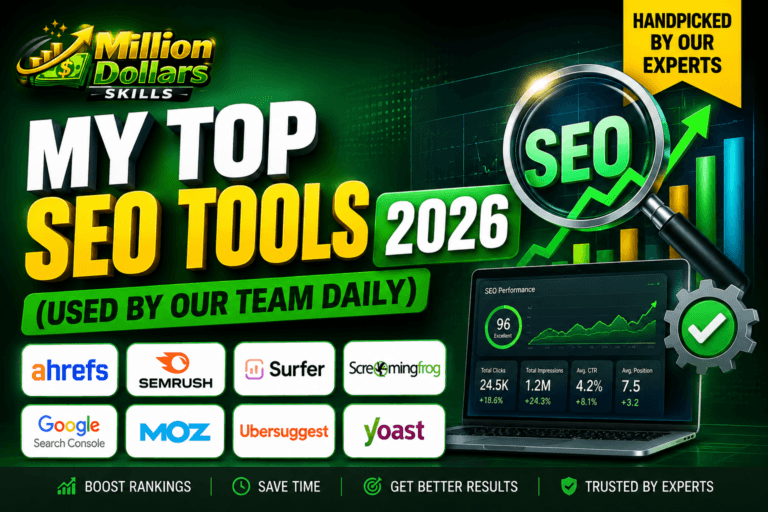 My Top SEO Tools 2026 feature image showing Ahrefs, SEMrush, Surfer SEO, Yoast, Google Search Console, and SEO growth dashboard by Million Dollar Skills