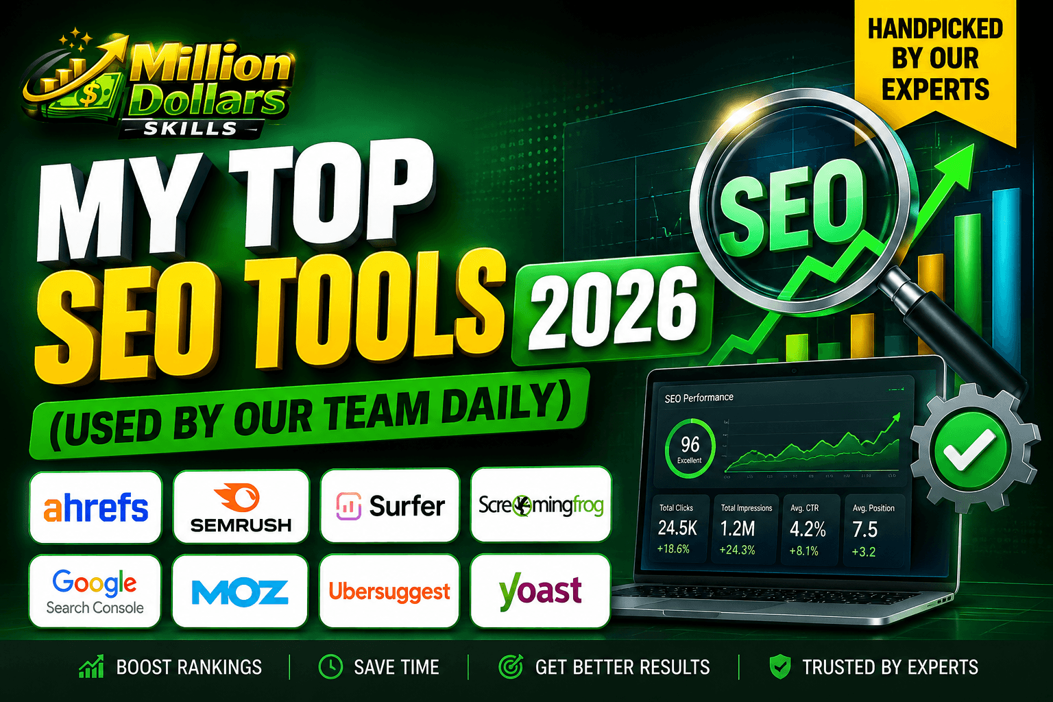 My Top SEO Tools 2026 feature image showing Ahrefs, SEMrush, Surfer SEO, Yoast, Google Search Console, and SEO growth dashboard by Million Dollar Skills
