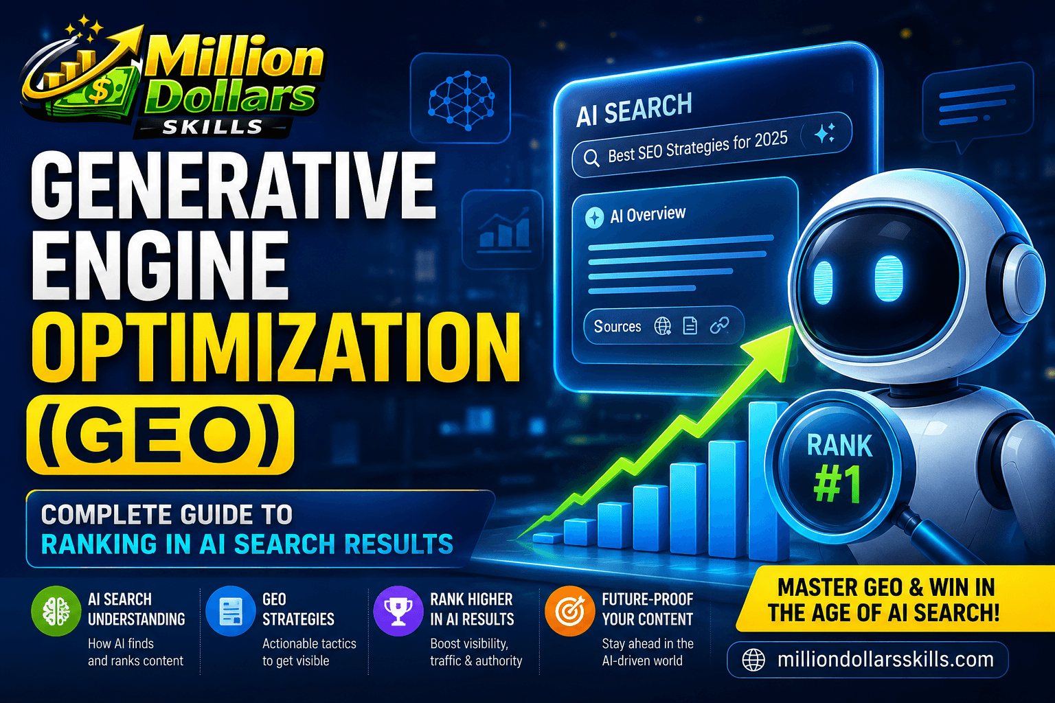 Generative Engine Optimization GEO guide for ranking in AI search results with AI chatbot and SEO growth chart