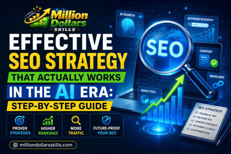 Effective SEO strategy in the AI era showing step-by-step guide to improve website rankings using modern search optimization techniques