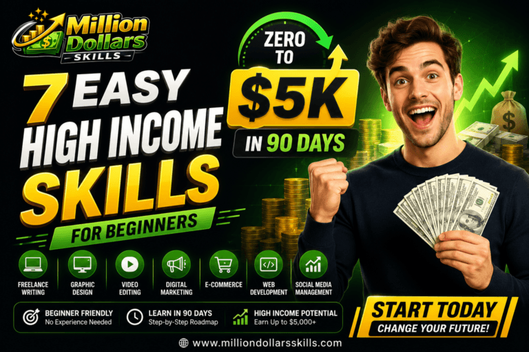 7 easy high income skills for beginners to earn $5K in 90 days including freelancing, graphic design, video editing, and digital marketing