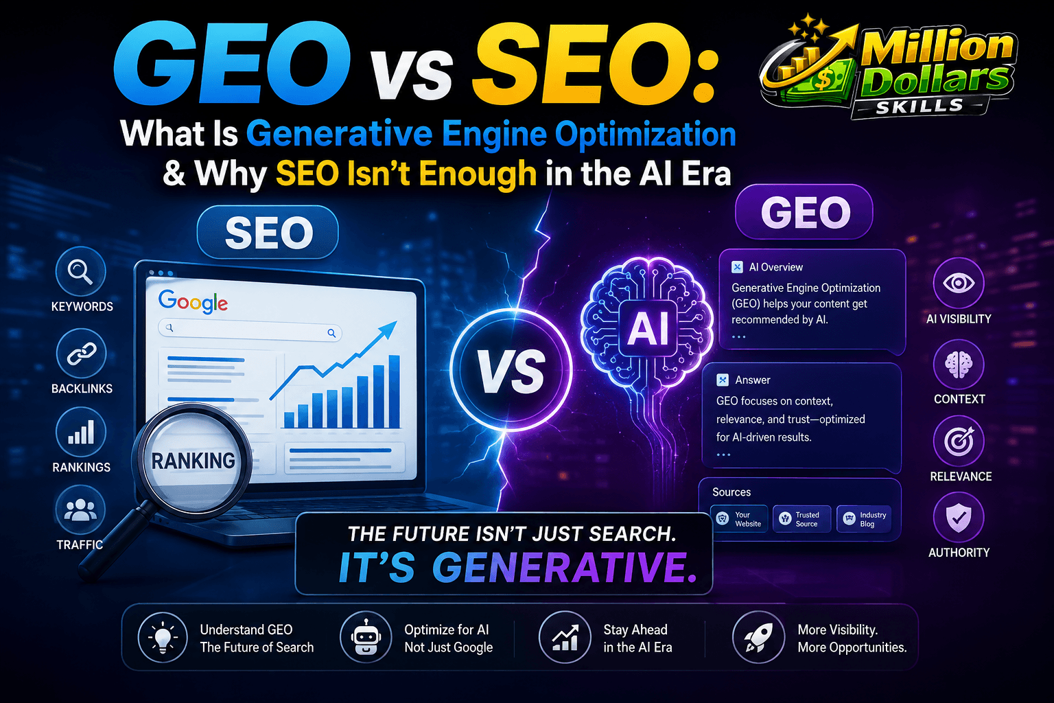 GEO vs SEO comparison showing generative engine optimization and traditional SEO strategies in the AI era