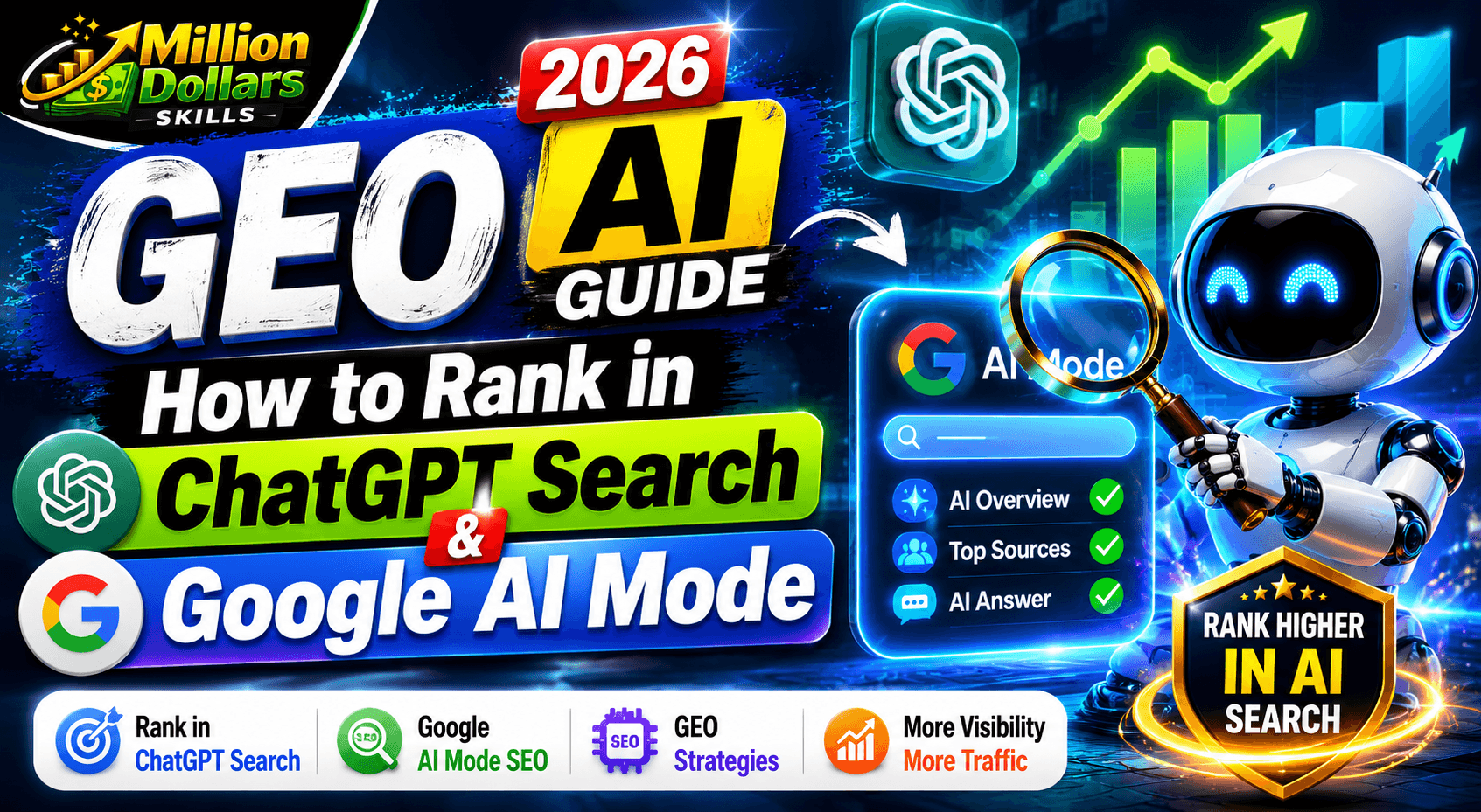 GEO AI Guide 2026 feature image showing ChatGPT Search, Google AI Mode, AI SEO strategy, GEO optimization, and futuristic AI ranking concepts